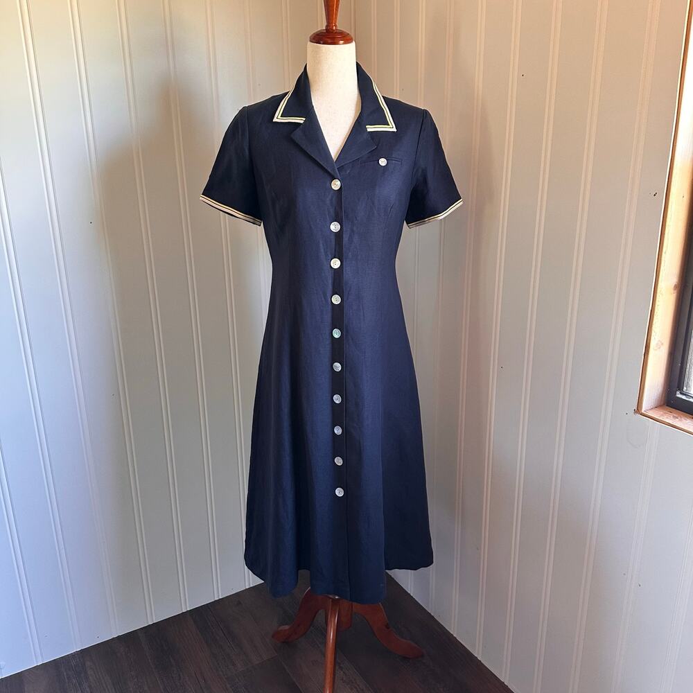 Vintage 90s Sailor Blue Midi Dress Petite 6 - Picture 2 of 7